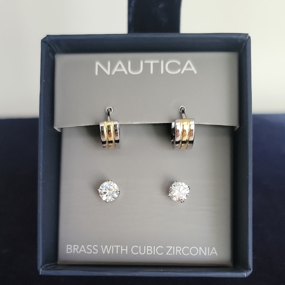 Nautica Other - New Nautica 2 Pairs Earrings Silver & Gold & Cubic Zirconia Silver Post Mens